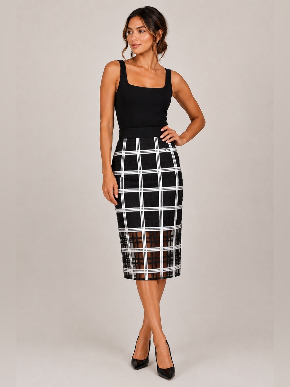 Milly Black White Windowpane Sheer Hem Pencil Skirt Size 8